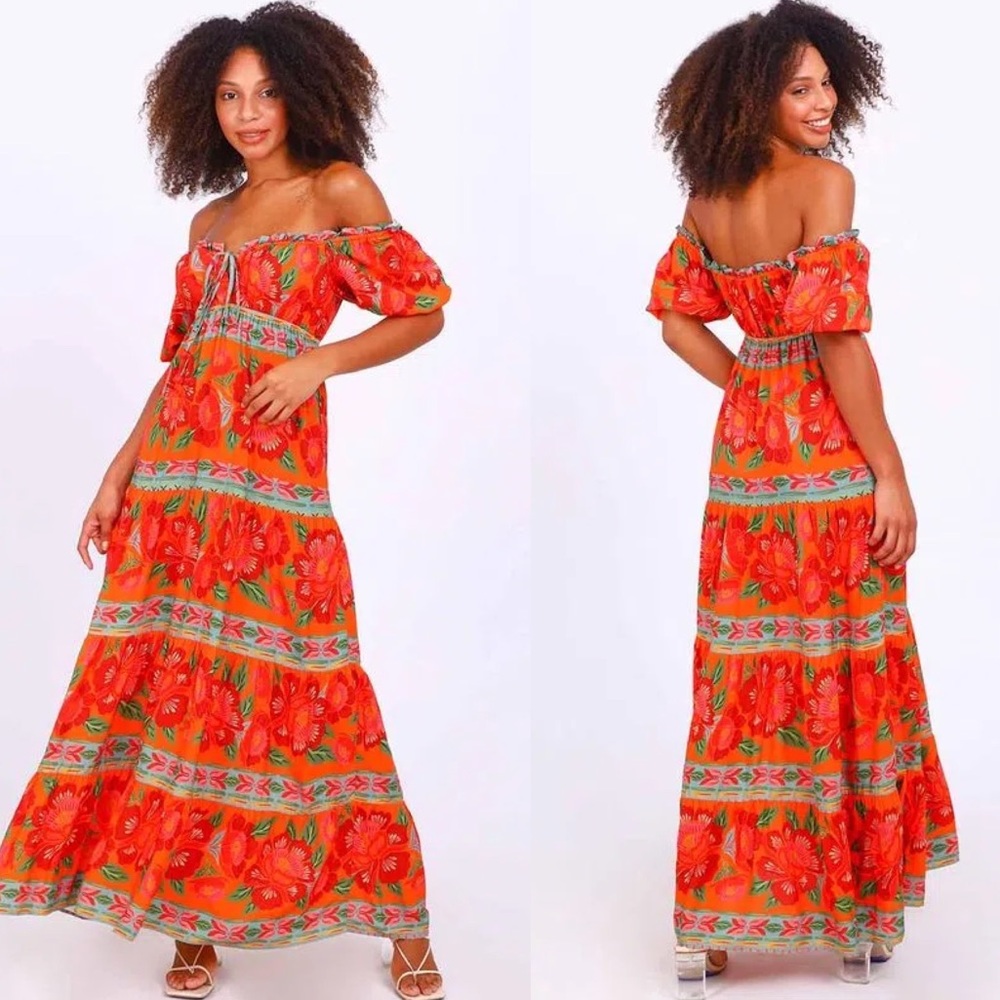 FARM Rio Red and Green Floral Maxi Dress